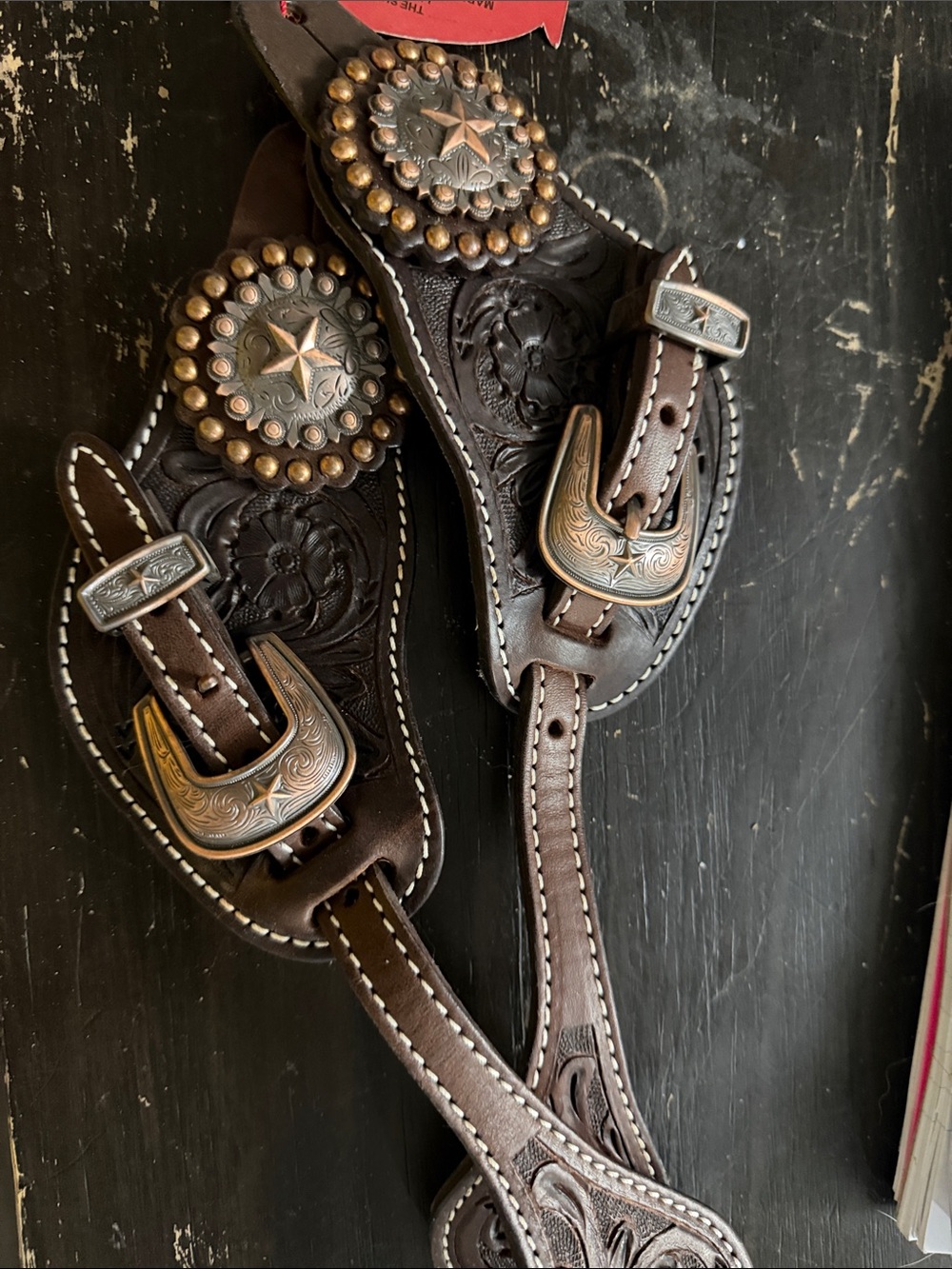 Tooled Dark Brown Leather Western Spur Strap with Decorative Star Concho